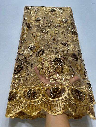 法国亮片薄纱蕾丝面料 2024 蓝色热卖尼日利亚网眼蕾丝面料 5 码/1 码非洲蕾丝面料适用于婚礼派对