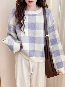 Suéter cuello redondo con diseño suave a cuadros rejuvenecedor para mujer
