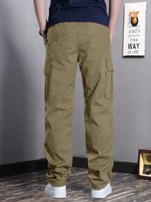 1件青少年男孩簡約戶外運動多口袋運輸褲，春秋季節使用 - 卡其色 - 查看 2