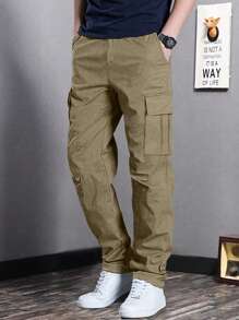 1件青少年男孩簡約戶外運動多口袋運輸褲，春秋季節使用 - 卡其色 - 查看 4