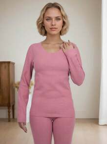 1 套秋冬春中厚针织羊毛丝绸保暖无缝内衣套装，女士温暖贴身衣物 - 玫紅色 - 查看 5