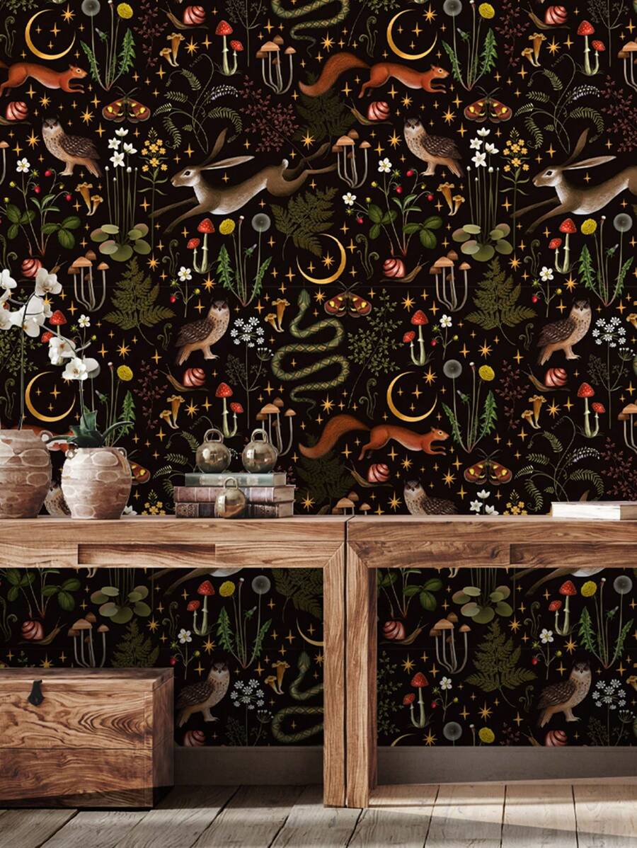 1 Roll Dark Night Forest Animal And Plant Wallpaper, Peel And Stick Waterproof Renovation Wallpaper, Removable Beautiful Wall Sticker, Home Decor, Wall Art, Wall Decor,Renovation Stickers Peel Wall Panels,Wall Paper, Wallpapers,Spring Decoration Items Refresh Your Home,Rama Decoration Stickers Gifts Birthday Graduation