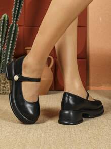 Giày lười đế xuồng đế xuồng màu đen cho nữ, đế dày thoải mái, gót dày, trang trí ngọc trai, cỡ nhỏ - màu đen - Xem 4