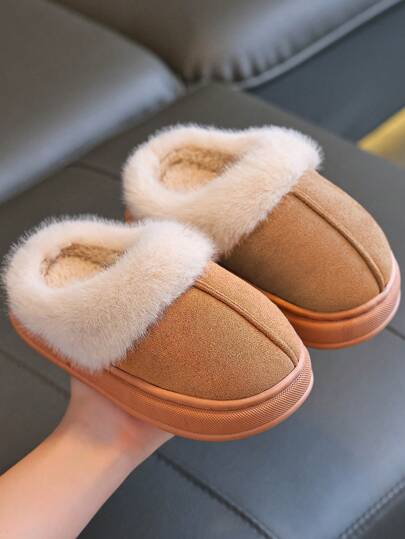 Children Slippers Autumn & Winter Warm Casual Indoor Home Fuzzy Slip-On Slides Non-Slip Thick Soft Bottom, Grey/Pink/Camel, Suitable For Boys And Girls, Students