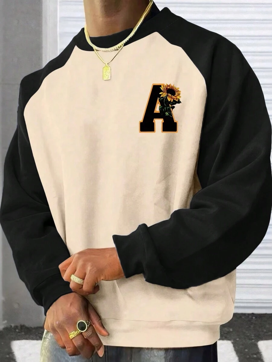 男士字母印花撞色插肩袖休闲圆领运动衫，秋冬