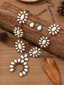 1 set Gioielli di stile bohémien vintage con collana e orecchini in lega di zinco a forma di ferro di cavallo con turchese