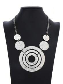 1入組復古鋅合金紋理質感圓形吊飾圍兜項鍊適用於女士日常裝飾 - 復古銀色 - 查看 4