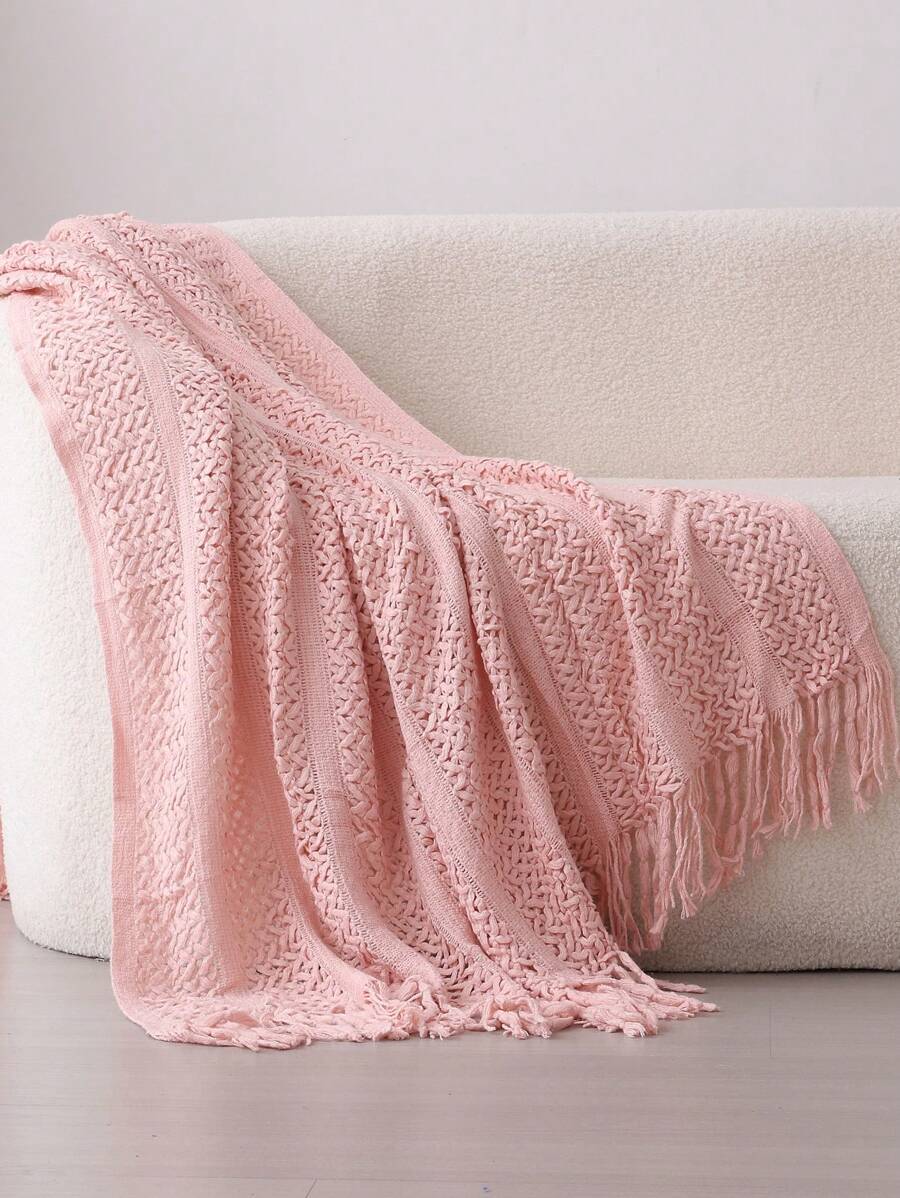1pc Solid Color Bed Blanket, American Style Fringe Acrylic Rectangular Knitted Blanket For Office Nap, Sofa, Home Decor - Pink - View 1