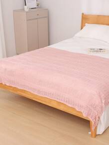 1pc Solid Color Bed Blanket, American Style Fringe Acrylic Rectangular Knitted Blanket For Office Nap, Sofa, Home Decor - Pink - View 7