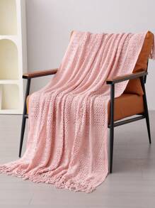 1pc Solid Color Bed Blanket, American Style Fringe Acrylic Rectangular Knitted Blanket For Office Nap, Sofa, Home Decor - Pink - View 6