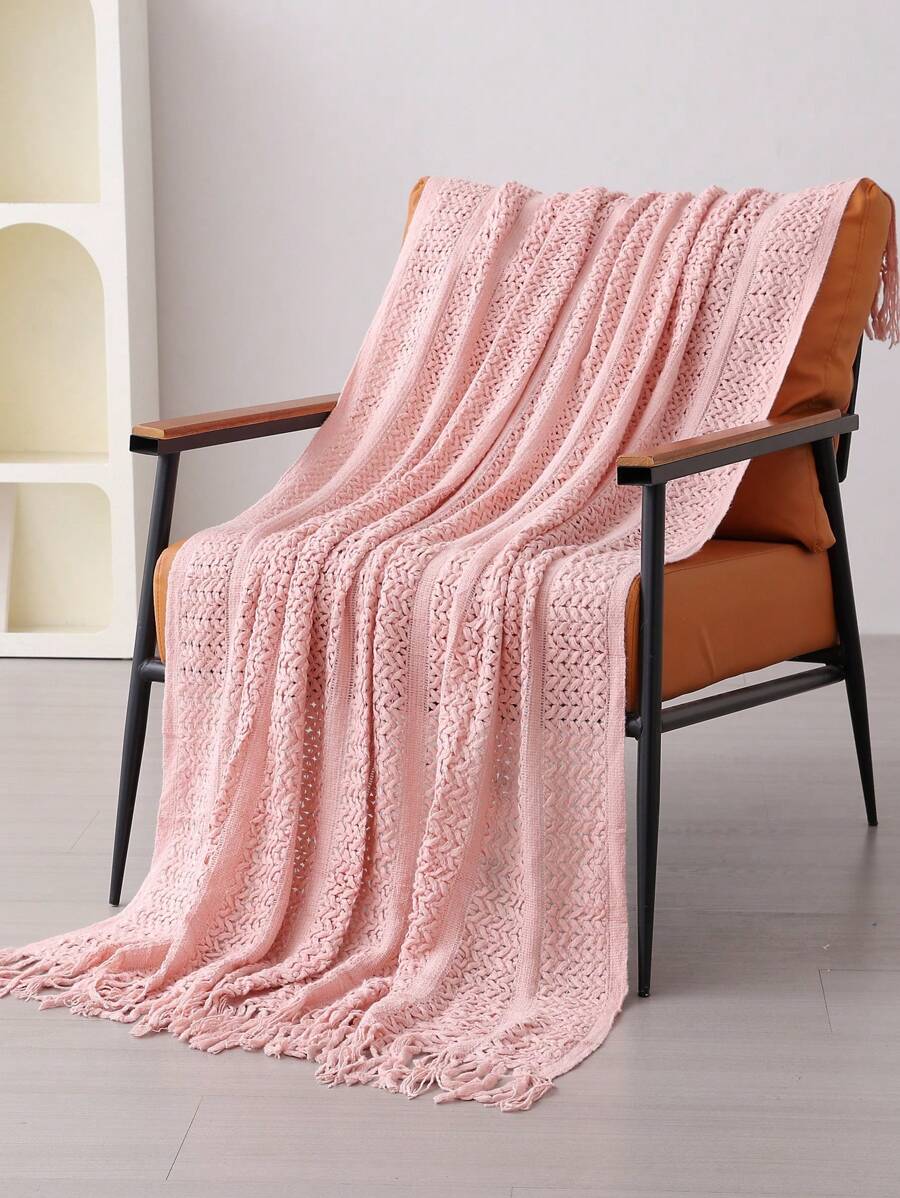 1pc Solid Color Bed Blanket, American Style Fringe Acrylic Rectangular Knitted Blanket For Office Nap, Sofa, Home Decor - Pink - View 1