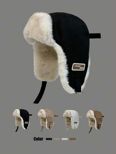 1pc Women's Faux Suede Fleece Warm Hat, Autumn Winter Windproof Earmuffs Earflap Aviator Cap For Skiing, Riding Halloween