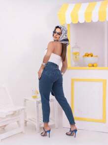 WOMEN'S PLAIN MOM JEANS - Rửa tối - Xem 2