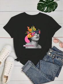 Women's Baby Look T-Shirt 100% Cotton Abstract Woman Statue Flowers Head Art - 黑色 - 查看 2