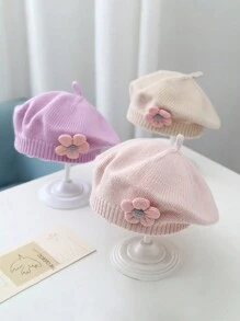 1顶0-3岁婴幼儿贝雷帽，可爱男女童针织帽，花卉图案时尚纯色保暖春/冬儿童帽 - 白色 - 查看 6