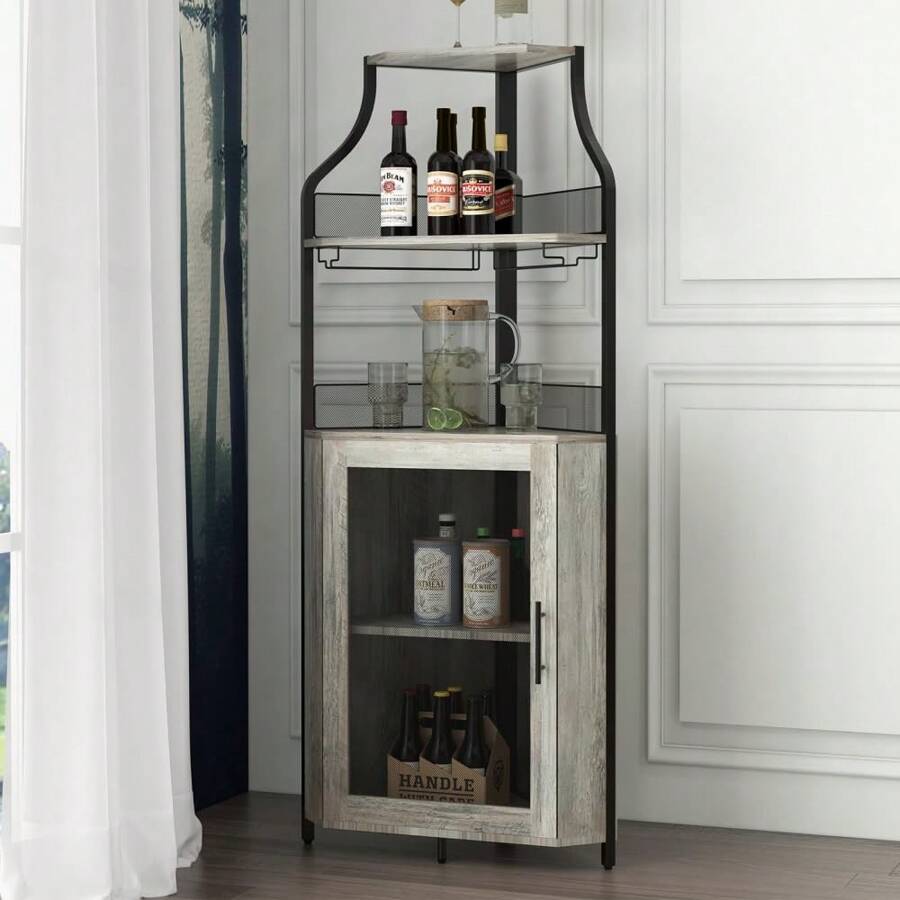 NANSTATA Stylish Corner Wine Rack - Bar Cabinet With Glass Holder, Storage Shelves, Adjustable Shelf, And Mesh Door For Home Bar In Small Spaces - 灰色 - 查看 1