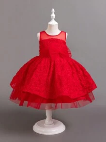 Christmas New Children's Party Tulle Dress, Red Performance Flower Girl Dress, Little Host Dress, Girls Princess Dress (Please Refer To The Size Chart In The Product Details To Select The Size) - 紅色 - 查看 3