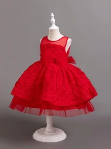 Christmas New Children's Party Tulle Dress, Red Performance Flower Girl Dress, Little Host Dress, Girls Princess Dress (Please Refer To The Size Chart In The Product Details To Select The Size) - 紅色 - 查看 4