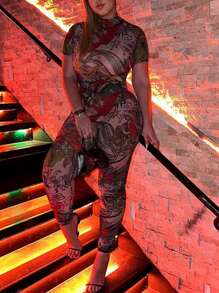 Stylish Backless, Sexy And Sheer Mesh Printed Jumpsuit For Women - Đỏ - Xem 3