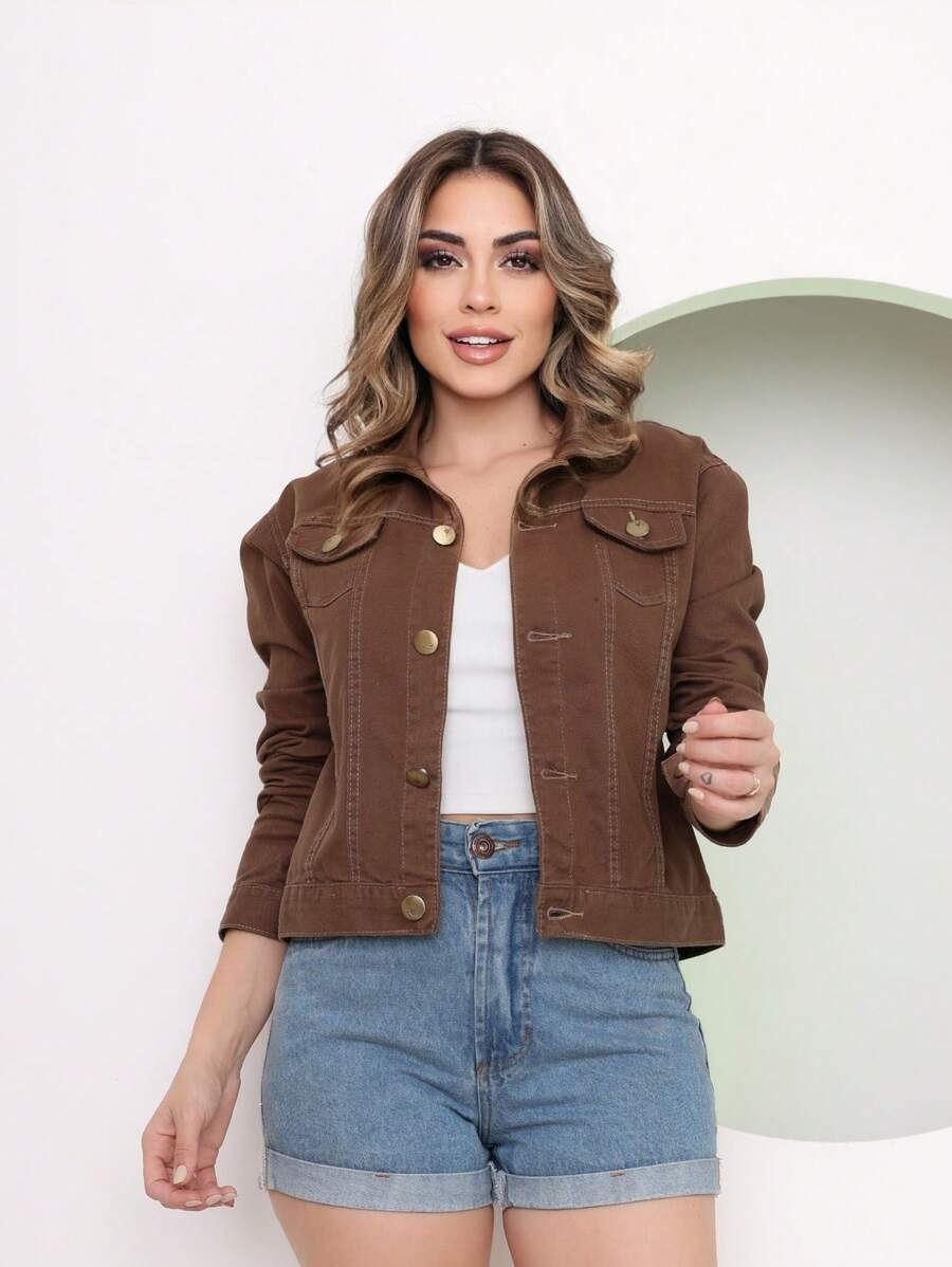 Women's Fashion Denim Jacket - Coffee Brown - View 1