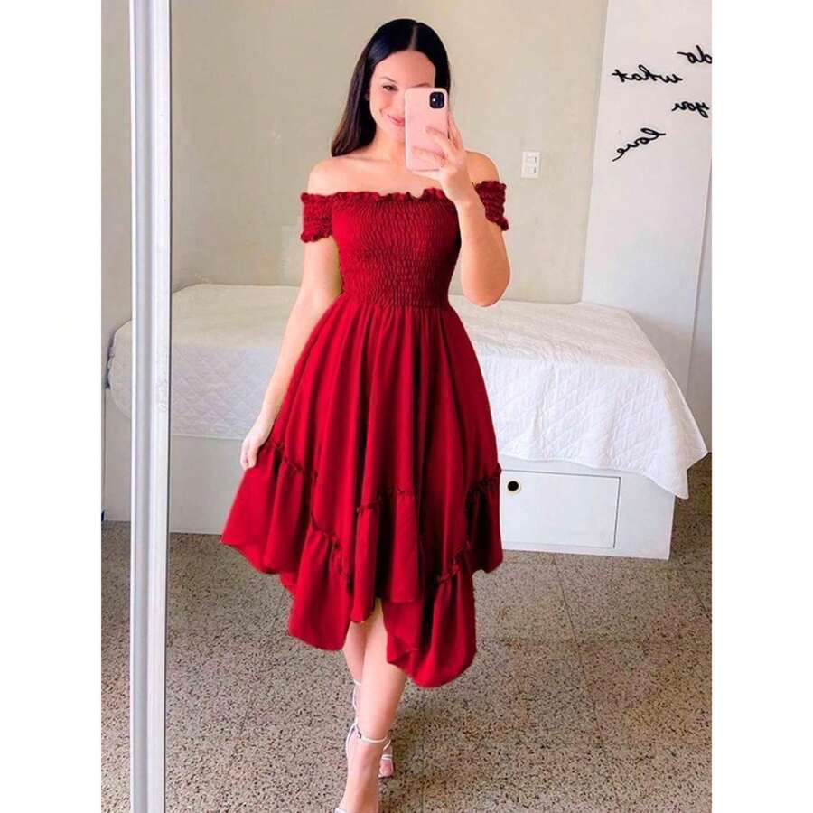 Vestido elástico ajustable manga corta hombros descubiertos - Rojo - Ver 1