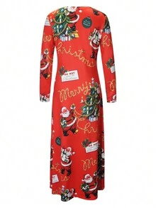Đầm dài tay cổ tròn in hình ông già Noel thường ngày - Đỏ - Xem 3