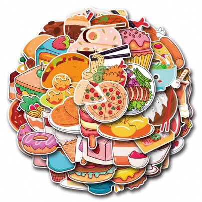 55pcs/Pack Cartoon Food Doodle Stickers,For Decorating Laptop,Desk,Helmet,Skateboard,Guitar,Cup,Luggage,Notebook,Scrapbooking DIY,Girls Craft,Alcohol Stickers,Breakfast Stickers,Stickers,Food Stickers,Stickers Food