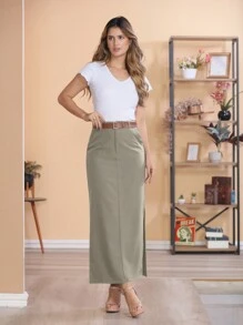 CHANGSHENG Two-Tone Linen Long Skirt With Brown Belt/The Fabric Is Better Than Tailoring//Slits On Both Sides/Button Details/Casual/Trend/Look/Everyday/Summer/Elegant/Casual/Stylish/Collection 2024 - 米色 - 查看 1