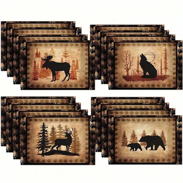 4pcs, Placemats, Rustic Wildlife Placemats With Deer, Wolf, Bear Designs, Polyester Heat Insulation Table Pads, Festive Dining Table Mats For Home & Holiday Events