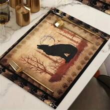 4pcs, Placemats, Rustic Wildlife Placemats With Deer, Wolf, Bear Designs, Polyester Heat Insulation Table Pads, Festive Dining Table Mats For Home & Holiday Events
