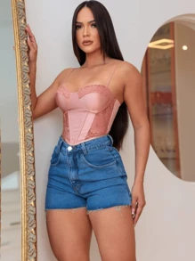 Lace Corset Fabric Mesh P. Acintada Has Ilios Boning And Drawstring - Màu Hồng baby - Xem 1