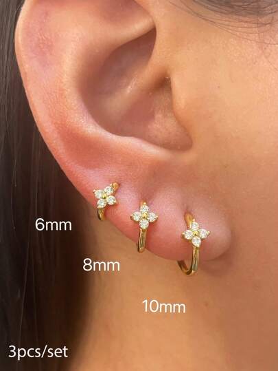 3pcs Delicate Stainless Steel 14K Gold Plated Flower Stud Earrings Set, Suitable For Cartilage, Helix, Tragus Piercing, Sparkling Cubic Zirconia Earrings, Gift For Valentine's Day, Mother's Day