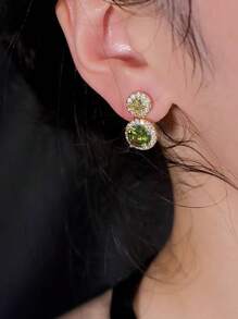 1 par de Elegantes pendientes redondos incrustados de vidrio, uso de fiesta/casual de moda para señoras - Multicolor - Ver 3