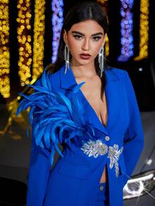 女士缀饰羽毛串珠口袋修身长袖节日晚会西装外套 - 藍色 - 查看 5