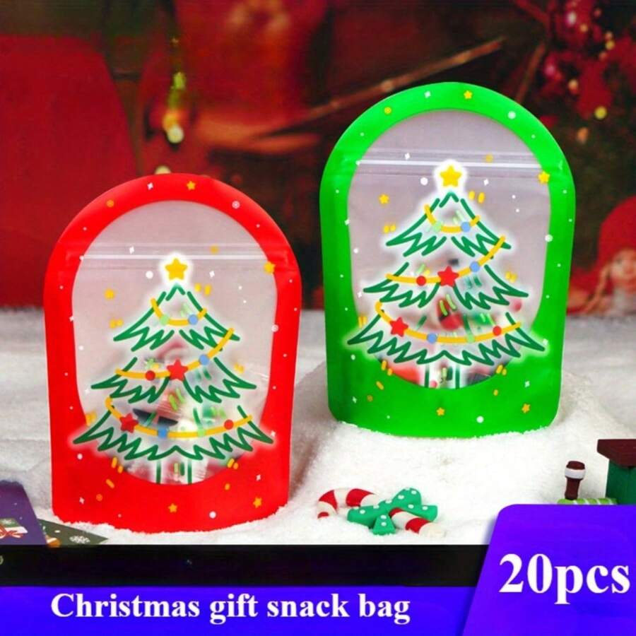 圣诞装饰 20 件圣诞树密封零食袋 - 可爱卡通设计，适合饼干和糖果，非常适合节日礼物和派对礼物 - 聖誕樹紅+綠色 - 查看 1