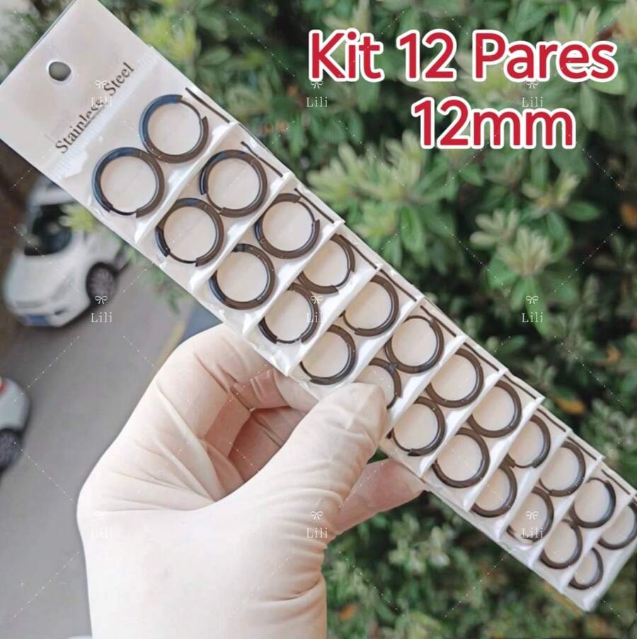 Kit 12 Pairs Stainless Steel Hoop Earrings Punk Rock Rhodium Black Circle - Kit 12 Pares Preto 12mm - 查看 1