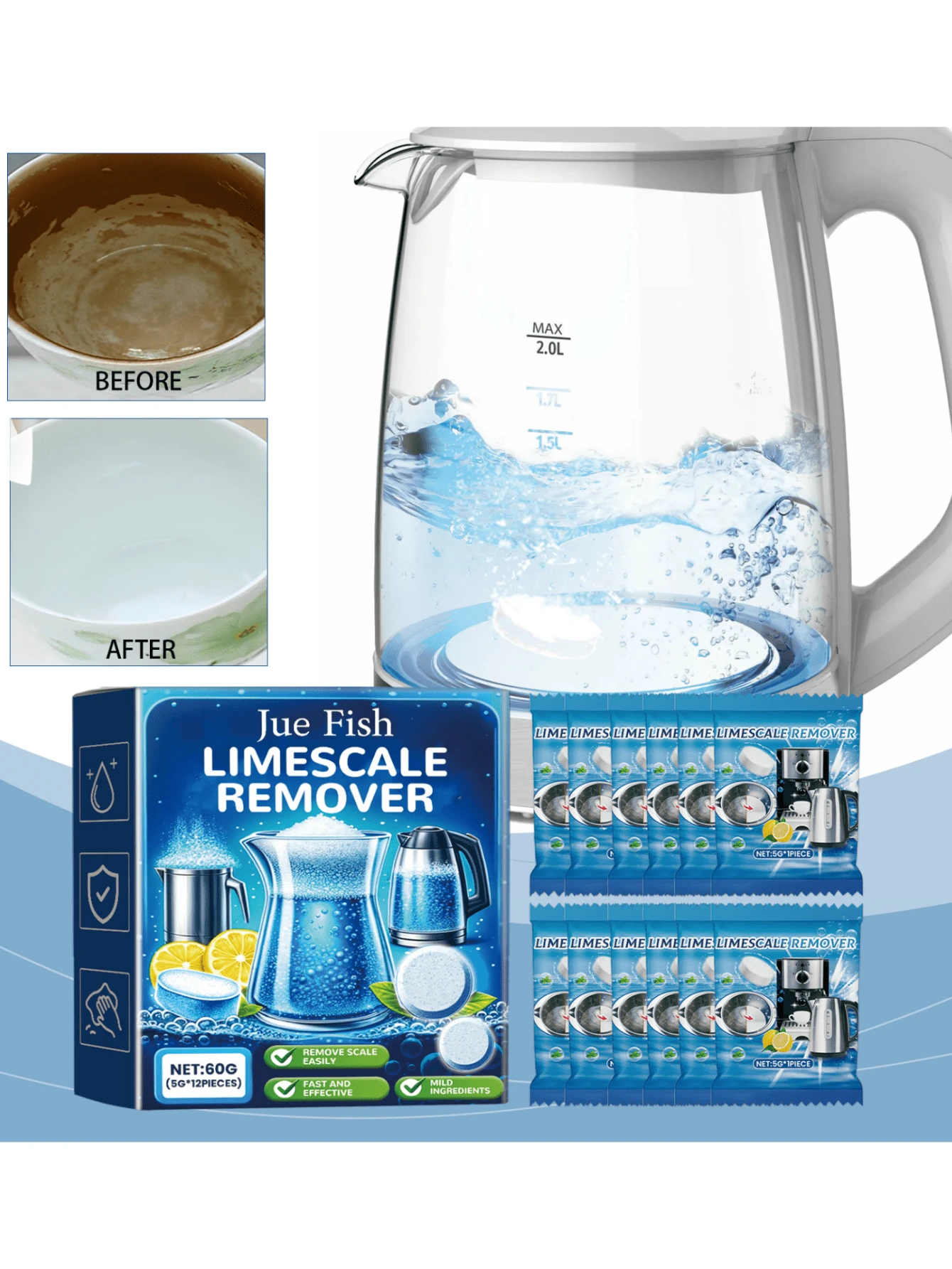 Jue Fish Limescale Cleaning Efervescent Tablets, Panela de aço