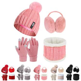 4pcs/Set Winter Warmer Set Including Winter Hat Scarf Gloves And Ear Warmer For Men Women Skiing Hat Outdoor Sports
