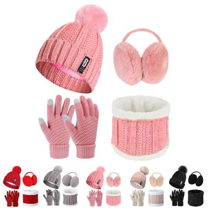 4pcs/Set Winter Warmer Set Including Winter Hat Scarf Gloves And Ear Warmer For Men Women Skiing Hat Outdoor Sports