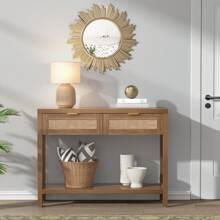 SICOTAS Rattan Console Table With Drawers, Wood Narrow Sofa Table Entryway Table For Hallway, Living Room - Oak - View 6