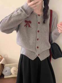 Kawaii Bow Button Up Knitted Cardigan, Spring Autumn,Long Sleeve Tops