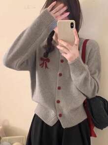 Kawaii Bow Button Up Knitted Cardigan, Spring Autumn,Long Sleeve Tops