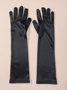 1pair Black Satin Stretchy Satin Women Sexy Opera Gloves, Suitable For Formal Events, Wedding, Party Outfitwedding