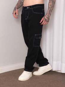 MEN'S BLACK CARGO PANTS WITH WHITE STITCHING - 黑色 - 查看 2