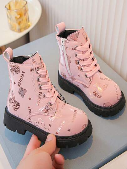 Girls' Shiny Pink Heart Pattern Boots, Comfortable Anti-Skid Outdoor Casual Party  Boots
