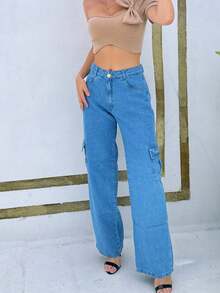 Women's Cargo Jeans Medium Wash/Delicate/Blue Fashion Style - Rửa trung bình - Xem 1