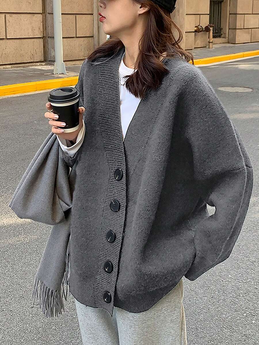 Women's Minimalist V-Neck Sweater Cardigan, Versatile For Autumn/Winter - Light Grey - View 1