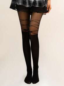 1 Pair Sexy Bowknot Garter Thigh High Stockings, Black Bandage Lolita Style Thin Stockings For Women - Black - View 7