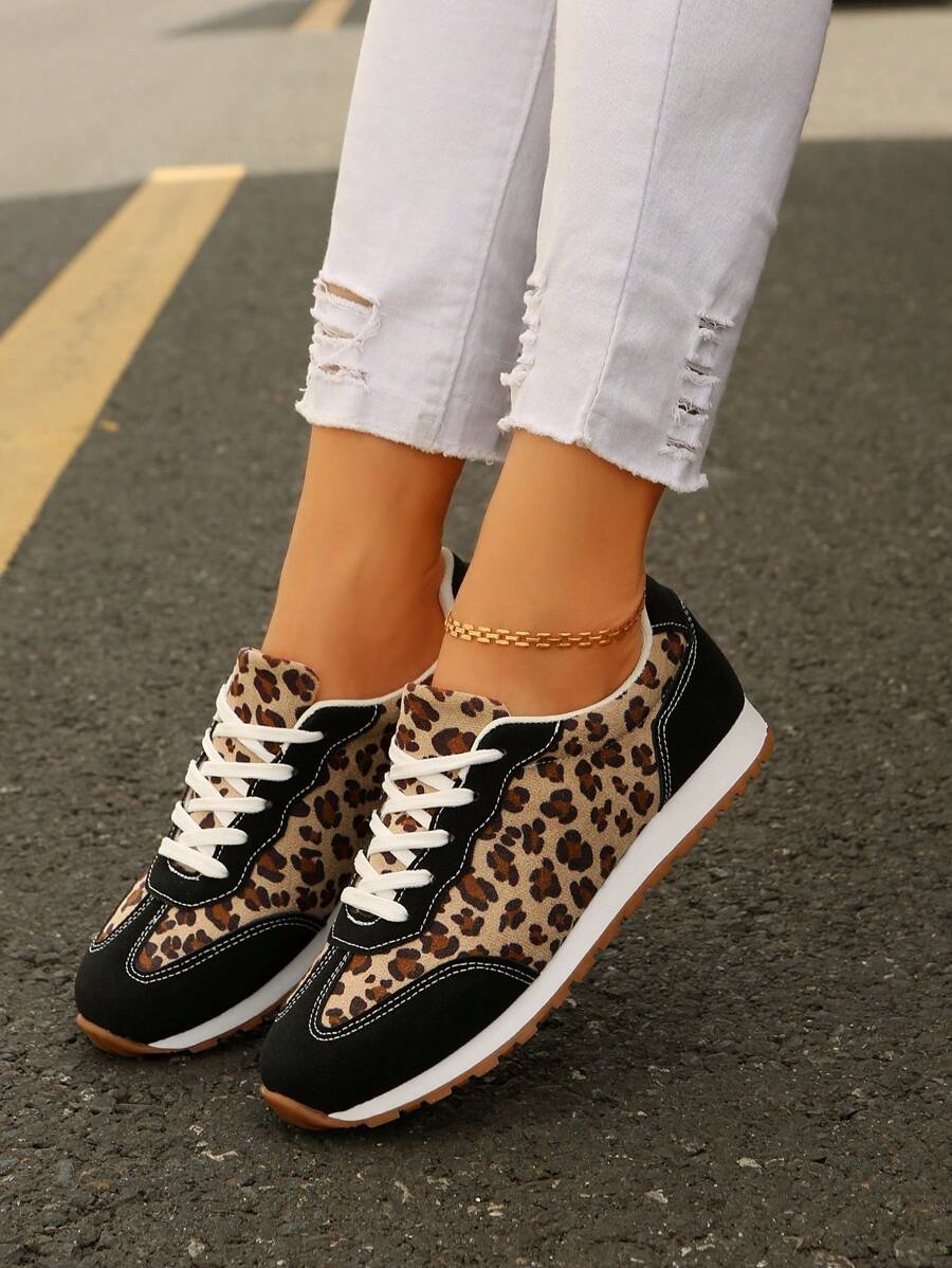Women's Athletic Sneakers, Multi-Season Campus White Shoes, Women's Daily Non-Slip, Comfortable Lace-Up Soft Bottom Casual Shoes - Black Leopard Print - View 1