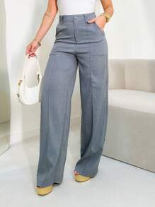 FASHION MO FEMININE - AS1331 Women's Palazzo Pants, High Waist, With Side Pockets, Romantic Fabric, Elegant, Formal, Modern, National Shipping MIRELLASANTOS New Collection 2024 - 灰色 - 查看 1